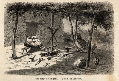 Cikánská kovárna v regionu Walachia, Rumunsko. Rytina k ilustraci plavby z Paříže do Bukurešti od Lancelota, kreslíře, v roce 1860, publikovaná v „Le tour du monde, nouveau journal des voyages“, pod vedením Edouarda Chartona od Dieudonne Auguste Lancelot