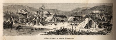 Cikánská vesnice. Rytina k ilustraci plavby z Paříže do Bukurešti od Lancelota, kreslíře, v roce 1860, publikovaná v „Le tour du monde, nouveau journal des voyages“, pod vedením Edouarda Chartona od Dieudonne Auguste Lancelot