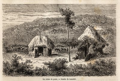 Poštovní štafeta mezi Bukureští a Pitesti. Rytina k ilustraci plavby z Paříže do Bukurešti (Rumunsko) v roce 1860 od designéra Lancelota v „Le tour du monde, nouveau journal des voyages“, vydaném pod vedením Edouarda Chartona od Dieudonne Auguste Lancelot