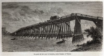 Dřevěný most přes Dunaj mezi Pasovem a Vídní, kresba Lancelota, k ilustraci cesty Victora Duruye z Paříže do Bukurešti v roce 1860. Rytina „“Le tour du monde“, editoval Edouard Charton od Dieudonne Auguste Lancelot