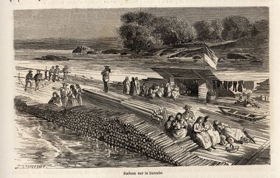 Dřevěný vor na Dunaji pro přepravu zboží a osob, kresba Lancelota, k ilustraci cesty Victora Duruye z Paříže do Bukurešti v roce 1860. Rytina „“Le tour du monde““, editoval Edouard Charton od Dieudonne Auguste Lancelot