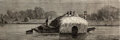Řezání, sklizeň a přeprava krmiva na březích Dunaje. Kresba Lancelota pro ilustraci jeho cesty z Paříže do Bukurešti v roce 1860. Rytina „“ Le tour du monde“, editoval Edouard Charton od Dieudonne Auguste Lancelot