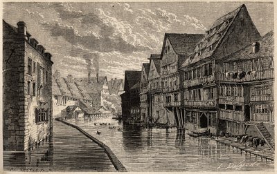 Staré koželužny v Ulmu, kresba Lancelot, pro ilustraci cesty Victora Duruye z Paříže do Bukurešti v roce 1860. Rytina v „“Le tour du monde“, editoval Edouard Charton od Dieudonne Auguste Lancelot