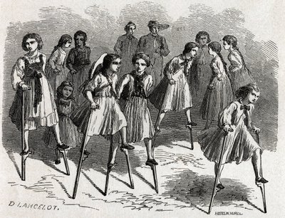 Hra echasse v Ulmu, navržená Lancelotem, aby ilustrovala cestu Victora Duruye z Paříže do Bukurešti v roce 1860. Rytina „“Le tour du monde“, editoval Edouard Charton od Dieudonne Auguste Lancelot
