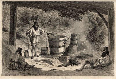 Výroba rakiou, obilného lihu, v Rumunsku velmi rozšířeného druhu pálenky. Rytina k ilustraci plavby z Paříže do Bukurešti od Lancelota, kreslíře, v roce 1860, publikovaná v „Le tour du monde, nouveau journal des voyages“, pod vedením od Dieudonne Auguste Lancelot