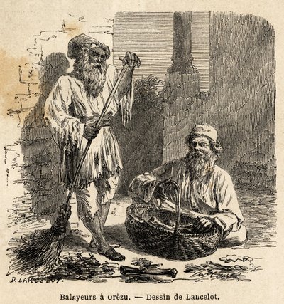 Zametači v Orezu (Rumunsko). Rytina k ilustraci plavby z Paříže do Bukurešti od Lancelota, kreslíře, v roce 1860, publikovaná v „Le tour du monde, nouveau journal des voyages“, pod vedením Edouarda Chartona od Dieudonne Auguste Lancelot