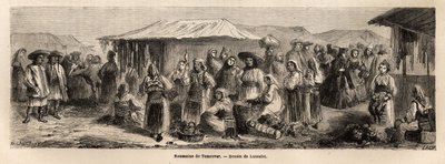 Chodící obyvatelstvo Tesmevaru (nebo Temešváru) v Rumunsku. Rytina k ilustraci plavby z Paříže do Bukurešti od Lancelota, kreslíře, v roce 1860, publikovaná v „Le tour du monde, nouveau journal des voyages“, pod vedením Edouarda Chartona od Dieudonne Auguste Lancelot