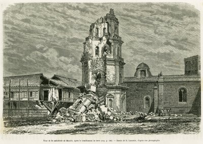 Věž Cathedrale of Manila, po zemětřesení 18. července 1880. Rytina Lancelota k ilustraci příběhu Lucon a Palaouan, šest let na Filipínách, Alfred Marche od Dieudonne Auguste Lancelot