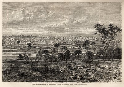Pohled na Melbourne (Austrálie), kresba Lancelot, pro ilustraci vzpomínek francouzského squattera v Austrálii, v letech 1854-1859, od M. de Castella. Rytina v “”Le tour du monde”” 1861. Selva sbírka. od Dieudonne Auguste Lancelot