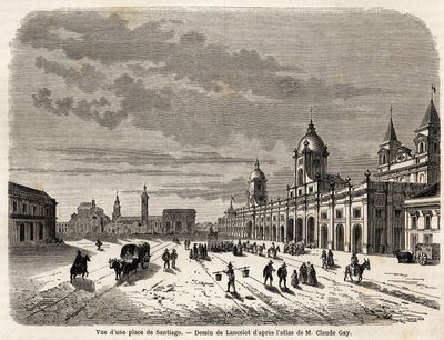 Pohled na náměstí v Santiagu (Chile), kresba Lancelot, pro ilustraci cesty do Jižní Ameriky, v roce 1823, Giovanni Mastai Ferretti (1792-1878, budoucí Pius IX). Rytina v „“ Le tour du monde, nouveau journal des voyages““ Paříž od Dieudonne Auguste Lancelot