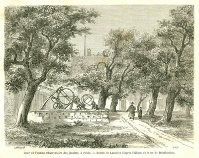 Pohled na nádvoří bývalé jezuitské observatoře v Pekinu (Peking), Čína. Rytina Lancelot, v „“Le Tour du Monde, Nouveau journal des Voyages“, editoval Edouard Charton, Paříž od Dieudonne Auguste Lancelot