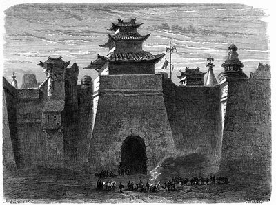 Hradby a brána Pekin (Peking), Čína. Rytina Lancelot, v „“Le Tour du Monde, Nouveau journal des Voyages“, editoval Edouard Charton, Paříž od Dieudonne Auguste Lancelot