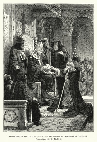 Petr poustevník předává papeži Urbanovi dopisy jeruzalémského patriarchy (rytina) od Diogene Ulysse Napoleon Maillart
