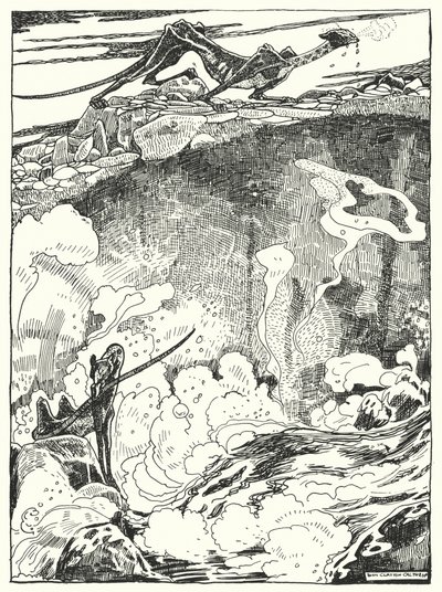 "Viděli jsme dračí štěňata, jak jdou dolů do bazénu, aby se napili a očistili" (rytina) od Dion Clayton Calthrop
