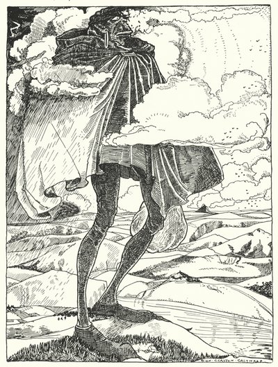 "Viděli jsme obří stéblo přes vrcholky kopců, jak nesl večeři v tašce" (rytina) od Dion Clayton Calthrop