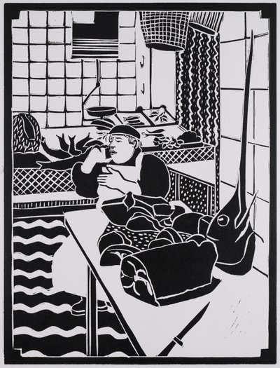 Prodej ryb, Sicílie, 2025 (linoryt) od Dione Verulam