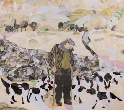 Jeden muž a jeho psi na sněhu, 2018 (koláž) od Dione Verulam