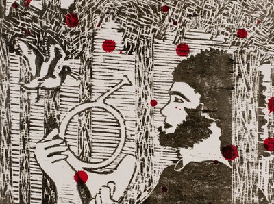 Siegfried, lesní ptáci a dračí krev, Wagnerův Prstenový cyklus, 2024 (dřevoryt) od Dione Verulam