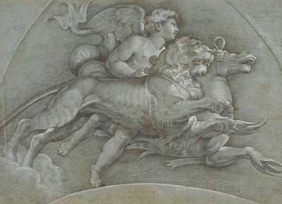 Okřídlený putto jedoucí na mořském koni a lvu podle Raphaela, verso..., 1574. od Dionisio Calvaert
