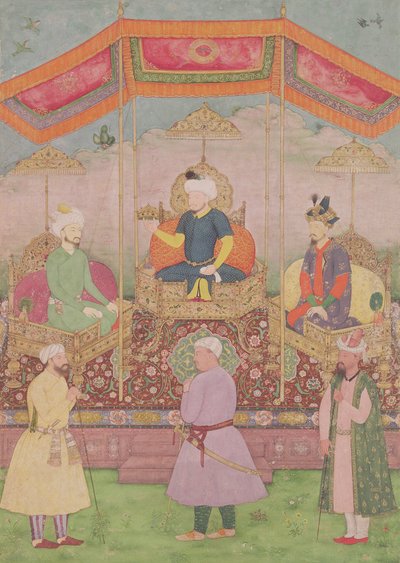Mughalský císař Babur a jeho syn Humayan, indická miniatura z Rádžasthánu, 16. století od Dip Chand