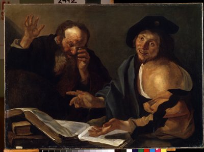 """"Hérakleitos a Démokritos"" Řečtí filozofové Hérakleitos z Efesu (Heraclitus) (535-475 př.nl) a Démokritos (Démokritos) (460-370 př.nl). Obraz Theodora van Baburena (Dirk Baburen) (1570/90-1623/4) Muzeum výtvarného umění Mikalo ze 17. století od Dirck Baburen van
