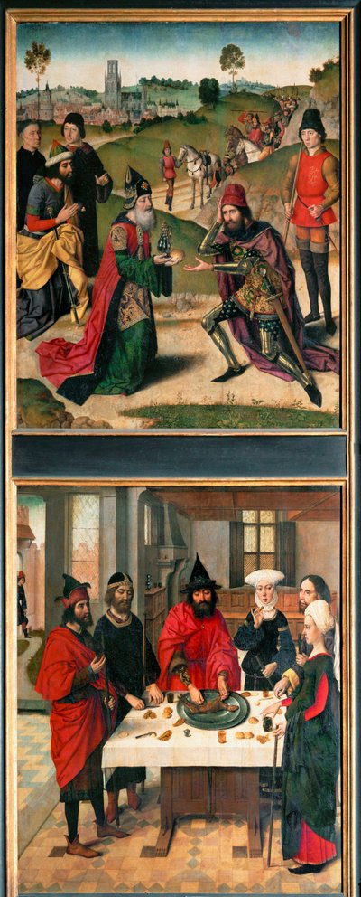 Oltář Poslední večeře, levé křídlo: nahoře: Abrahám a Melchisedech (malba na dřevě) od Dirck Bouts