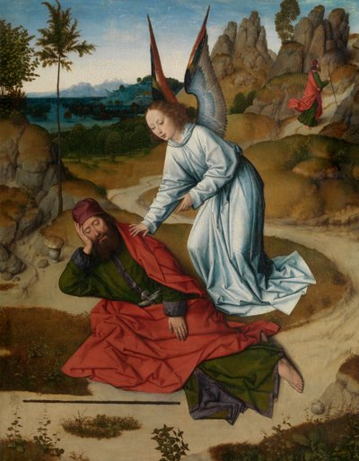 Eliáš v poušti, detail z oltářního obrazu Nejsvětější svátosti, kolem 1464-68 (olej na desce) od Dirck Bouts