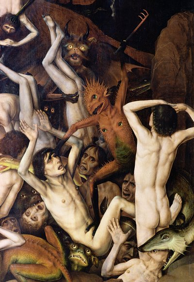 Sakra, detail démona udeřícího do zatracených, kolem roku 1450 od Dirck Bouts