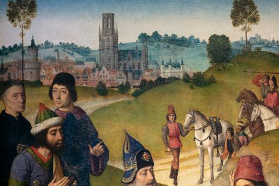 Farní kostel (Parochiekerk Sint-Pieter). Malování. Poslední večeře. Dirk Bouts. 1464-1468. Detail. Levý panel. od Dirck Bouts