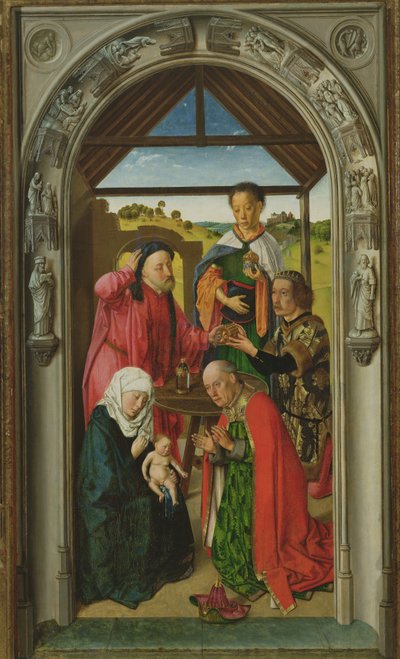 Klanění tří králů, c.1445 olej na detailu panelu z 36895 od Dirck Bouts