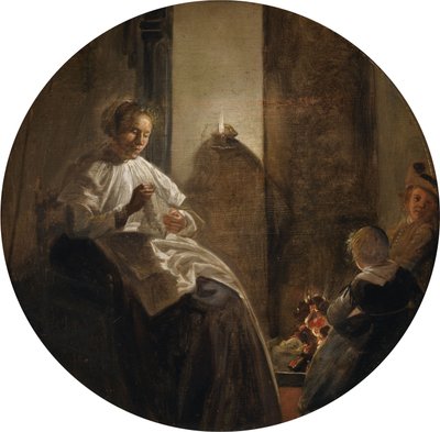 Žena šijící při svíčkách od Dirck Hals