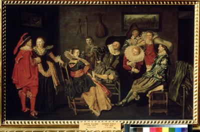 ""The Merry Company"" (The Merry Company) Večírek v bohaté holandské rezidenci, stůl elegantně oblečených měšťáků. Obraz Dircka Halse (1591-1656) 17. století Rozměr 41x66 cm Puškinovo muzeum, Moskva od Dirck Hals