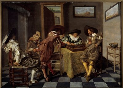 Část tric trac (tri-trac: stará hra Backgammon). Obraz od Dirka Halse (1591-1656), cca 1615-1625. Olej na dřevě. Rozměr: 0,38 x 0,53 m. Lille, Musee Des Beaux Arts – hráči Tic-trac („Trictrac: starověká hra Backgammon). Obraz od Dirka Halse (159 od Dirck Hals