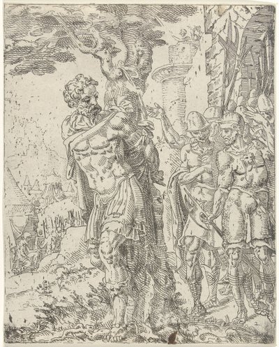 Achior přivázaný ke stromu Judit a Holofernes (název série) od Dirck Volckertsz. Coornhert (attributed to)