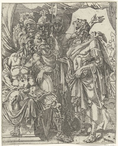 Achior vypráví Holofernovi o Izraelitech Judit a Holofernes (název série) od Dirck Volckertsz. Coornhert (attributed to)