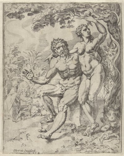 Adam a Eva sklízejí zakázané ovoce Pád lidstva a vykoupení skrze život a umučení Krista (název série) od Dirck Volckertsz. Coornhert (attributed to)