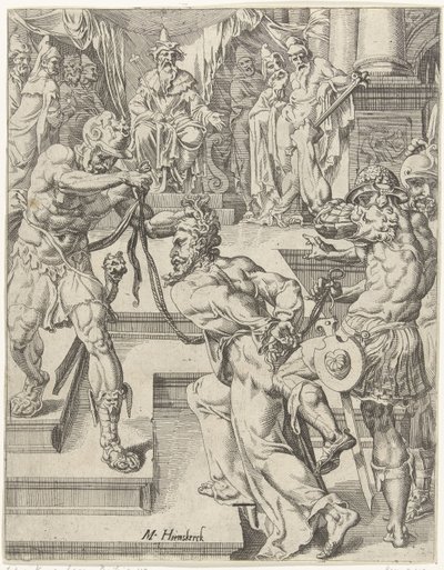 Kristus před Kaifášem Pád lidstva a vykoupení skrze život a umučení Krista (název série) od Dirck Volckertsz. Coornhert (attributed to)
