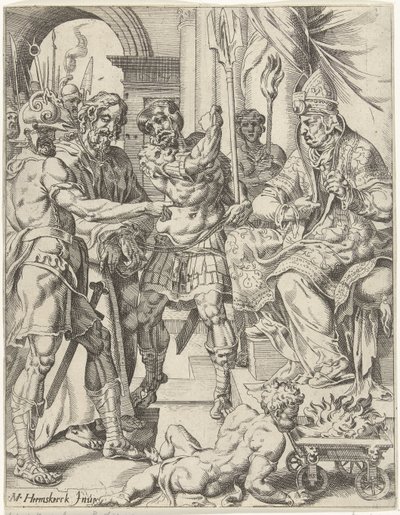 Kristus před veleknězem Annášem Pád lidstva a vykoupení skrze život a umučení Krista (název série) od Dirck Volckertsz. Coornhert (attributed to)