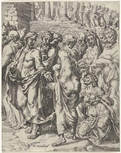 Uzdravení ženy, která trpěla krvácením Pád lidstva a vykoupení skrze život a umučení Krista (název série) od Dirck Volckertsz. Coornhert (attributed to)