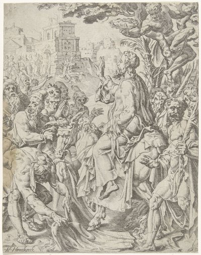 Vjezd do Jeruzaléma Pád lidstva a vykoupení skrze život a umučení Krista (název série) od Dirck Volckertsz. Coornhert (attributed to)
