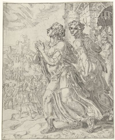 Judith a její sluha opouštějí Bethulii Judit a Holofernes (název série) od Dirck Volckertsz. Coornhert (attributed to)