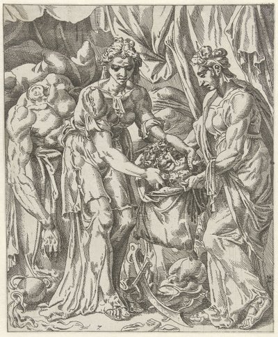 Judit strčí Holofernovu hlavu do tašky Judit a Holofernes (název série) od Dirck Volckertsz. Coornhert (attributed to)