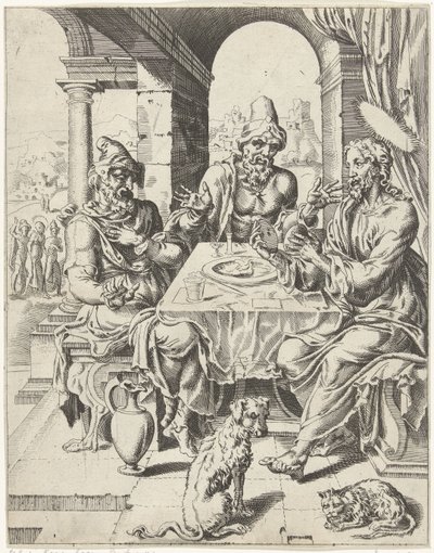 Jídlo v Emauzích Pád lidstva a vykoupení skrze život a umučení Krista (název série) od Dirck Volckertsz. Coornhert (attributed to)