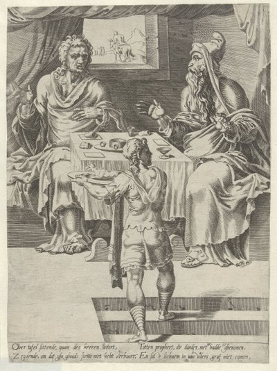 Jídlo Božího muže a starého proroka Příběh neposlušného muže Božího (název série) od Dirck Volckertsz. Coornhert (attributed to)