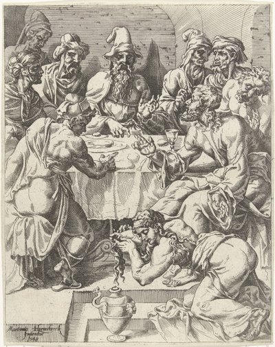 Marie Magdalena myje Kristovy nohy Pád lidstva a vykoupení skrze život a umučení Krista (název série) od Dirck Volckertsz. Coornhert (attributed to)