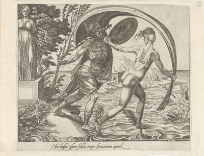 No Shield Protects against Misfortune; The Greater your Fortune, the Bigger your Sorrows Men kan zich niet verdedigen tegen het lot Het helpt gheen schilt tegen fortuinen ganck (title on object) Spreekwoorden over Fortuna (series title)   1362487   cs      od Dirck Volckertsz. Coornhert (attributed to)