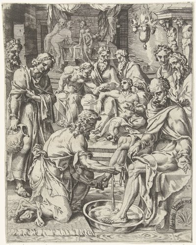 mytí nohou Pád lidstva a vykoupení skrze život a umučení Krista (název série) od Dirck Volckertsz. Coornhert (attributed to)