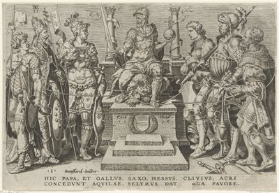 Císař Karel V. obklopený svými poraženými protivníky Vítězství Karla V. (název série) Divi Caroli. v. imp. opt. max. victoriae, ex multis praecipuae (název série) od Dirck Volckertsz. Coornhert