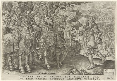 Kapitulace vévody Saska na bitevním poli u Mühlbergu, 1547 Vítězství Karla V. (název série) Divi Caroli. v. imp. opt. max. victoriae, ex multis praecipuae (název série) od Dirck Volckertsz. Coornhert