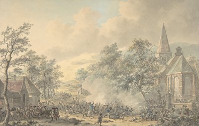 Bojová scéna s kostelem vpravo, ca. 1790-1800. od Dirk Langendijk